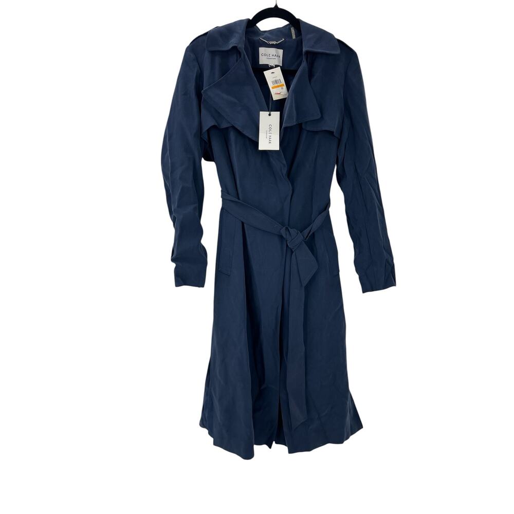 Cole Haan Women's Drapey Mid-Length Belted Trench Coat Navy Blue Size S NWT - Picture 5 of 11